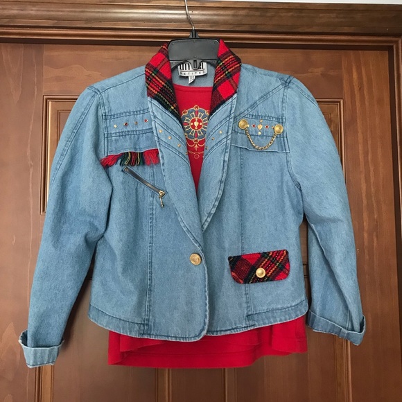 Vintage 80s Cropped Denim Jacket & Top Set, City Girl, Jean Plaid Blazer, Medium - Picture 1 of 16